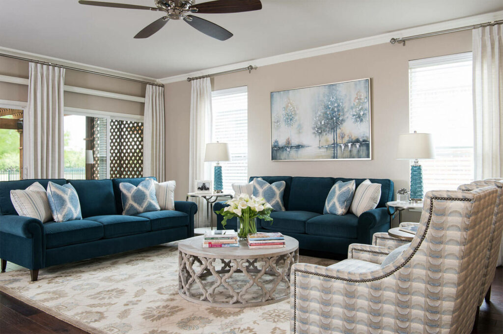 Custom Round Cocktail  &Amp; Custom Sofas In Navy Blue Paired With Custom Furniture | Family Room Ideas | Living Room Ideas | Dkor Home By Dee Frazier Voted &Quot;Best Interior Design Firms&Quot; Of Dallas Tx