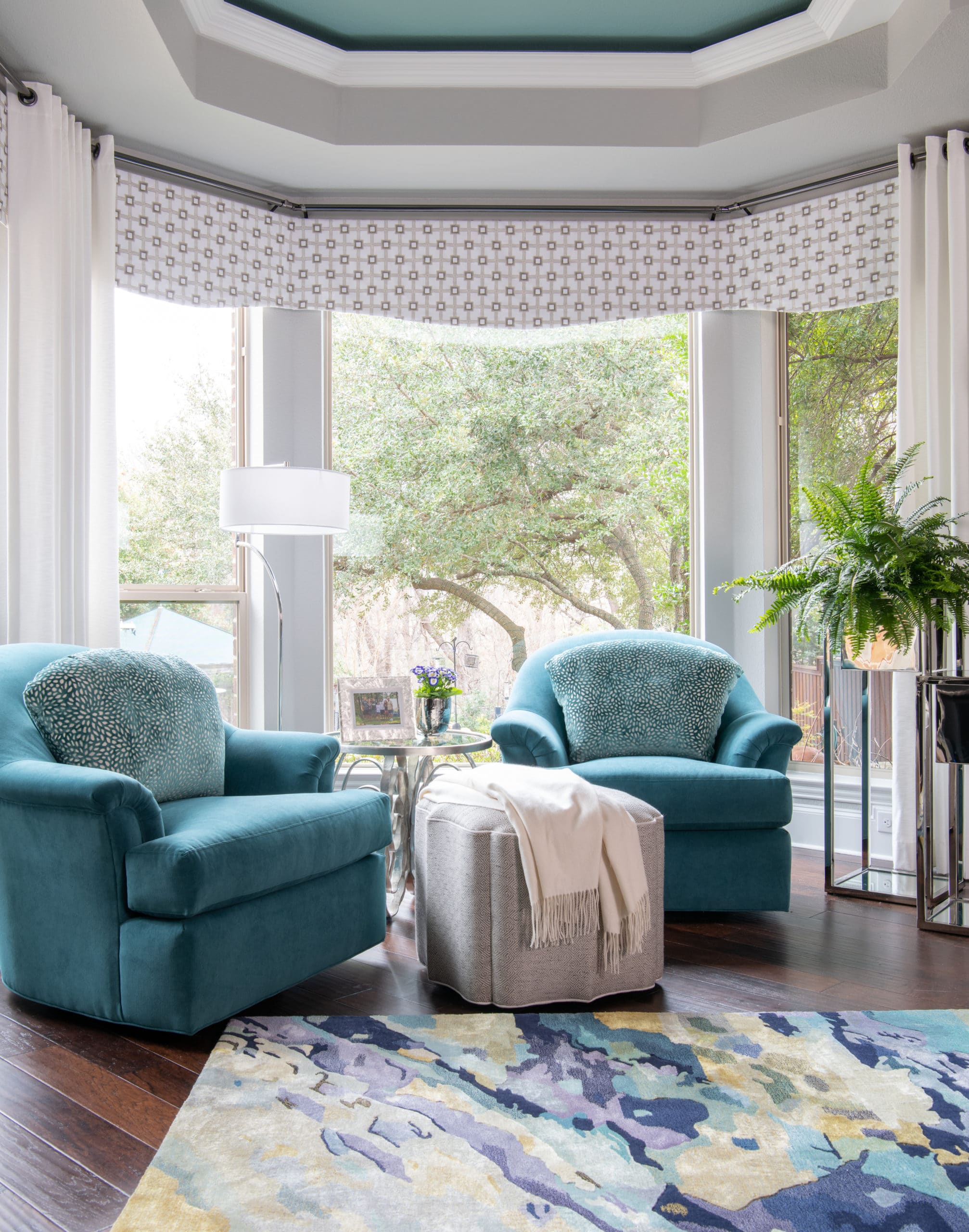 Custom Smart Home Window Treatments &Amp; Teal Chairs In Modern Dallas Texas Master Bedroom Renovation With Colorful Accents &Amp; Home Decor | Best Dallas Bathroom Designer Dee Frazier Interiors, Decorating Den Interiors, Best Designer In Dallas, Plano, Frisco, Allen