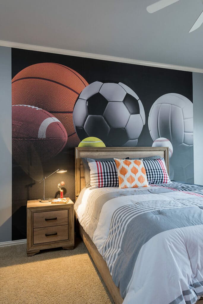 Boys Sports Room Decorating Ideas With Mural Of Basketball, Soccer, Volleyball, Football Wallpaper By Dee Frazier Interiors Decorating Den Interiors The Best Dallas Interior Designer