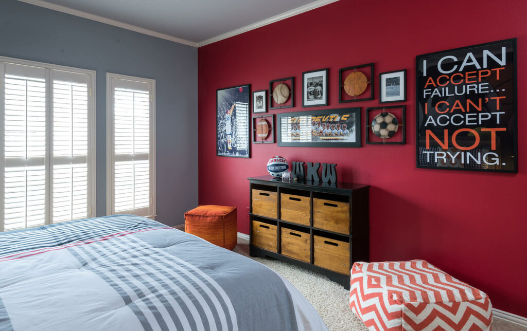 Red Painted Focal Wall Boys Basketball Room Decorating Ideas By Dee Frazier Interiors Decorating Den Interiors The Best Dallas Interior Designer