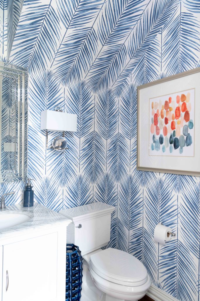 Blue Palm Leaf Wallpaper By Seabrook, Dallas Texas, Powder Room, Bathroom Design By Dee Frazier Interiors, Dallas Interior Designers