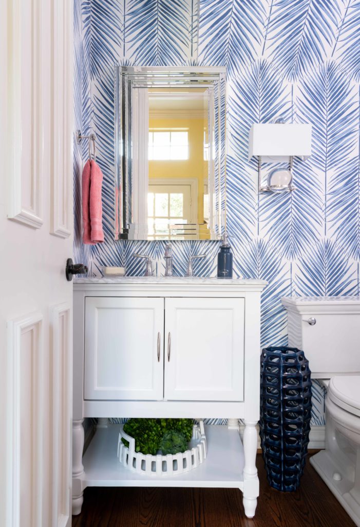 Blue Palm Leaf Wallpaper With White Vanity Cabinet Seabrook, Dallas Texas, Powder Room, Bathroom Design By Dee Frazier Interiors, Dallas Interior Designers