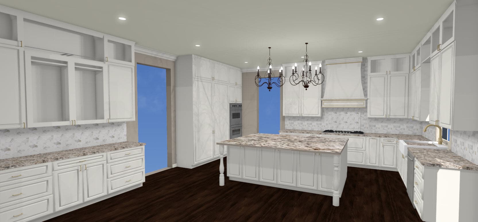 3-D Rendering Of All White Kitchen With Dark Floors