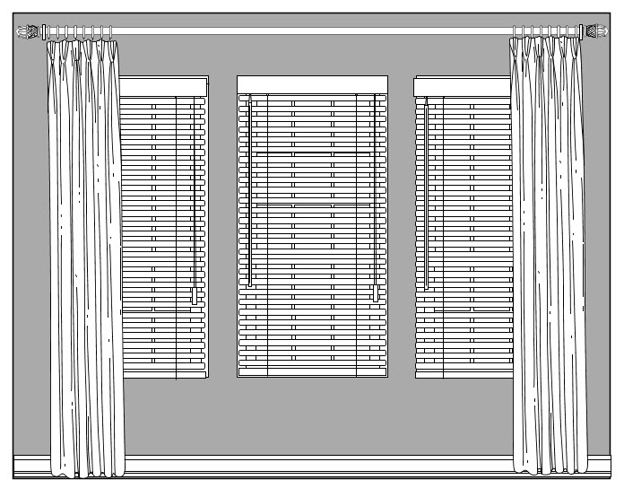 Window Treatment Design For Triple Window With Panels And Blinds, Custom Window Treatments, Dallas Tx, Sketch